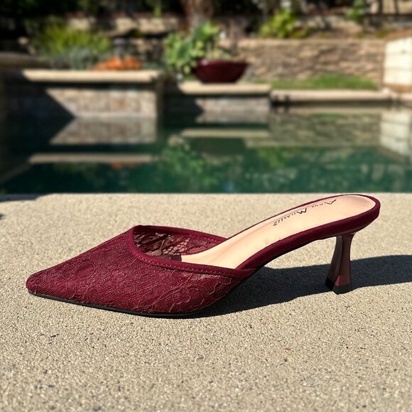 New Burgundy Wine Lace Mesh Pointed Toe Slide Mules Sandals Kitten Stiletto Heel - Picture 3 of 6